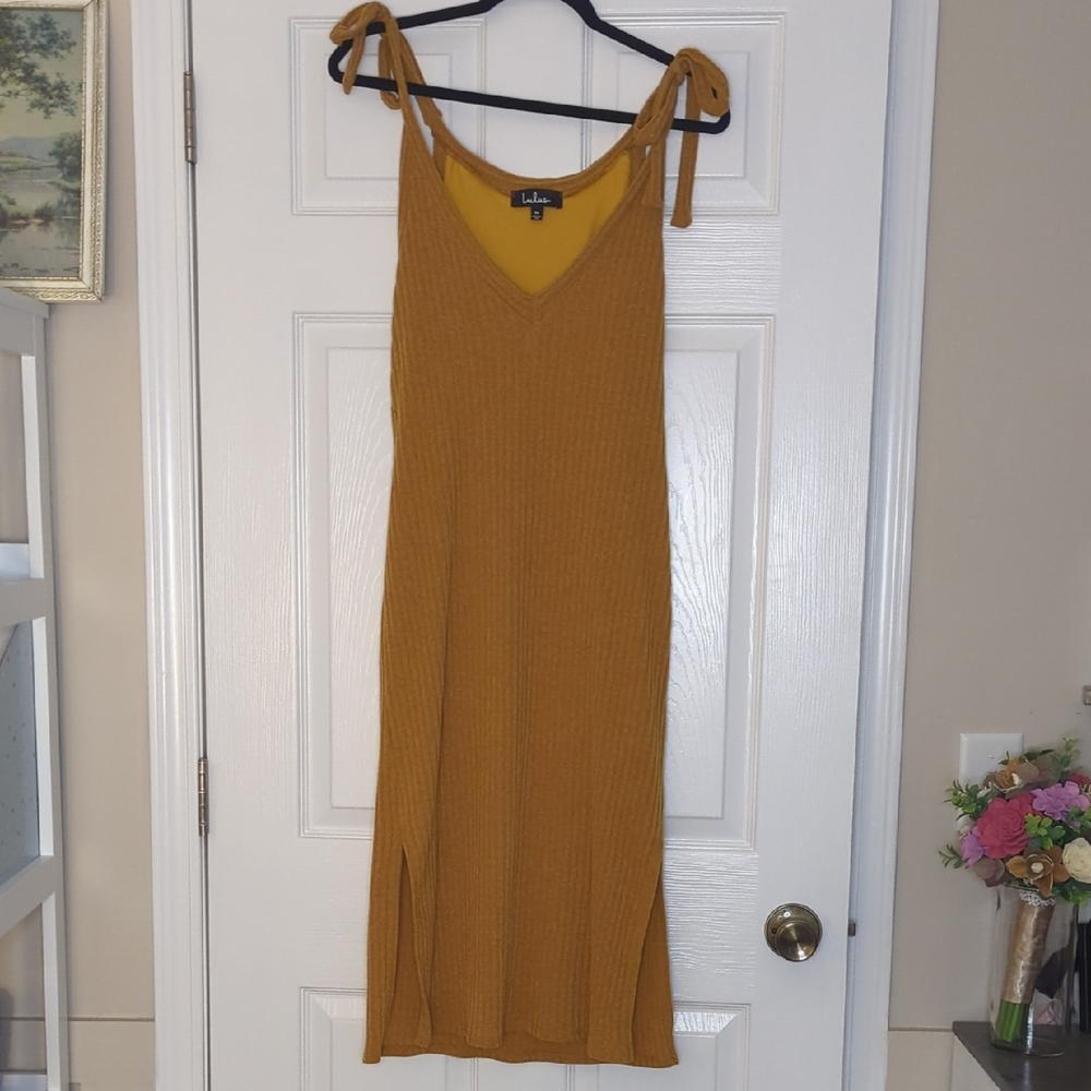 Lulus Ribbed Knit Midi Dress Medium Fitted Mustard Tie Strap Side Slit Bodycon